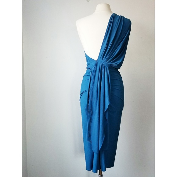 Blue One shoulder Drapey Dress Size L - Picture 2 of 4